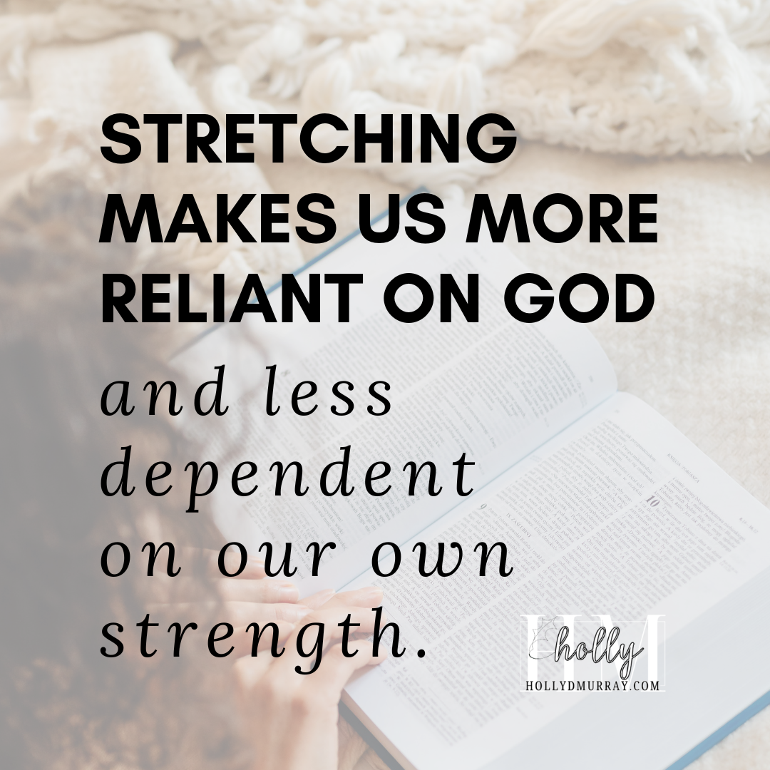 A woman sitting comfortably beside a bed, near a thick knit cozy blanket while reading an open Bible. This peaceful morning devotional scene represents resting in God’s Word and finding peace when life feels unpredictable or stretched.